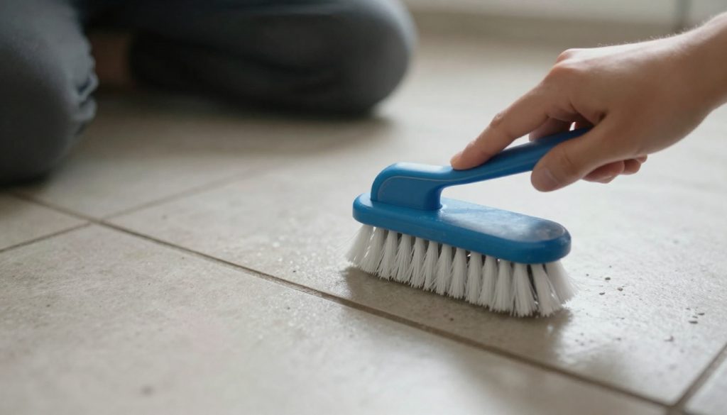 Person scrubbing tile grout with brush