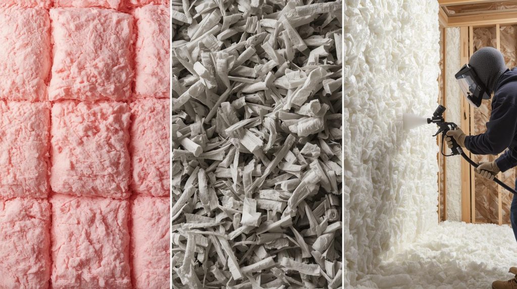 Comparison image showing different insulation materials side by side: fiberglass batts, blown-in cellulose, and spray foam application