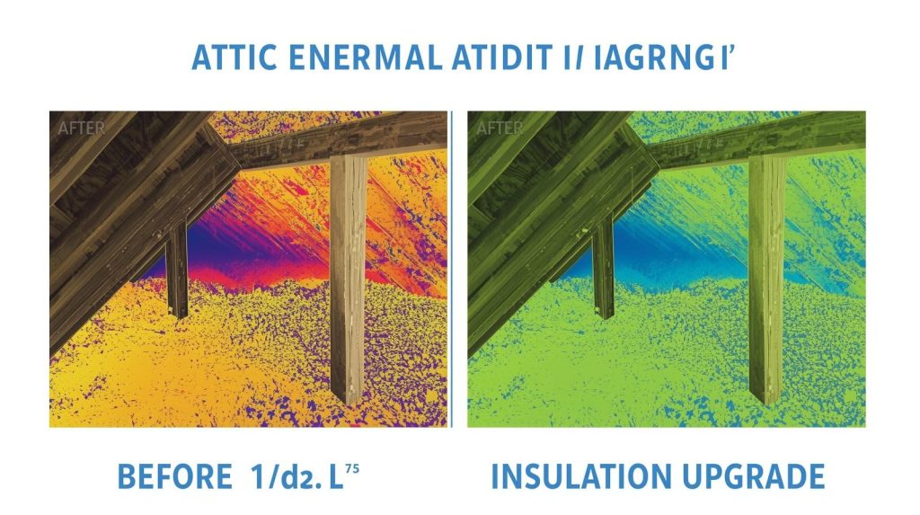Energy audit report showing before-and-after attic thermal imaging, with green temperature gradients illustrating improved heat retention after insulation upgrade