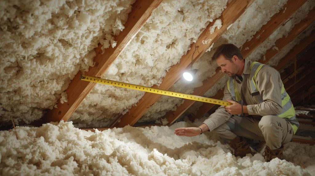 Homeowner inspecting attic insulation depth with a ruler against joists, showing clearly visible measurement markings