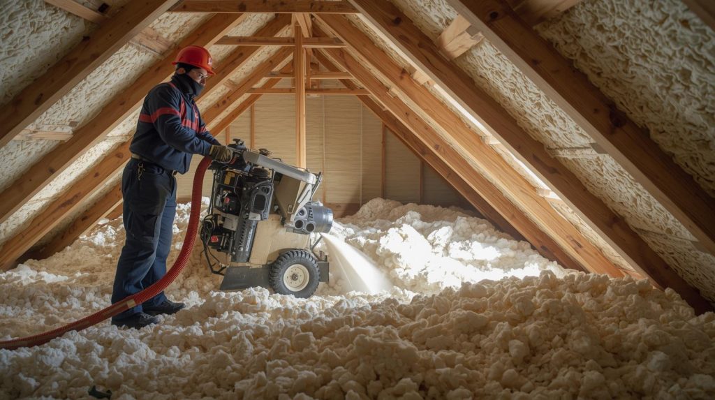 Professional insulation contractor using a blowing machine to install blown-in cellulose insulation in a residential attic