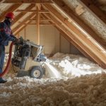 Professional insulation contractor using a blowing machine to install blown-in cellulose insulation in a residential attic