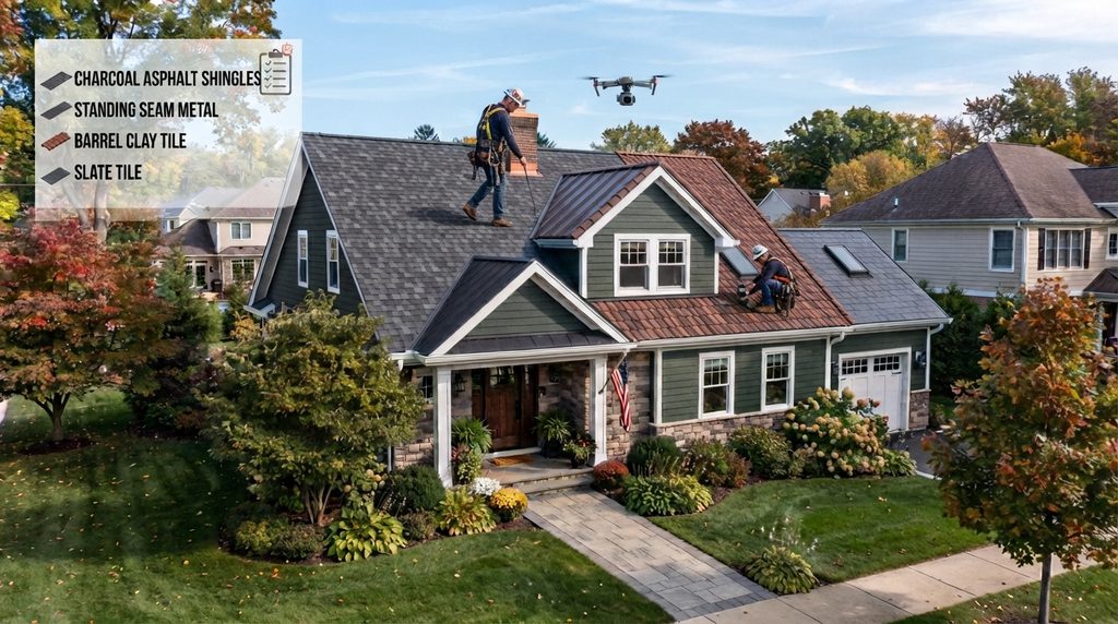 professional inspecting a residential roof for damage and maintenance issues