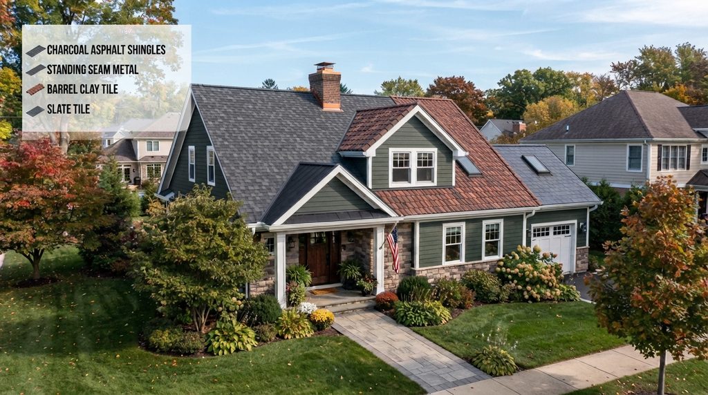 different residential roofing materials including shingles metal and tile