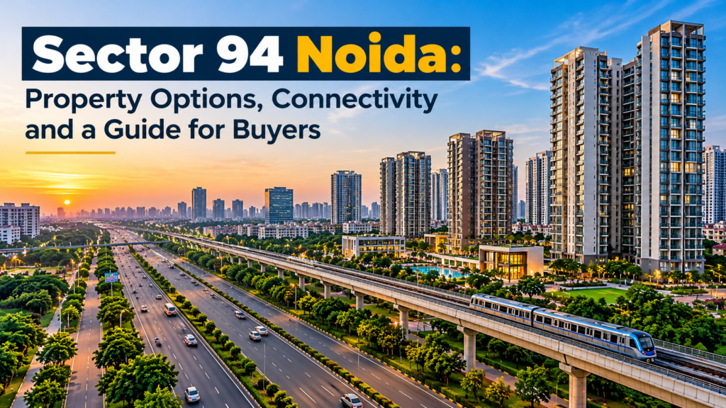 Sector 94 Noida skyline featuring residential high-rise buildings, expressway connectivity, an elevated metro line and nearby real estate developments.