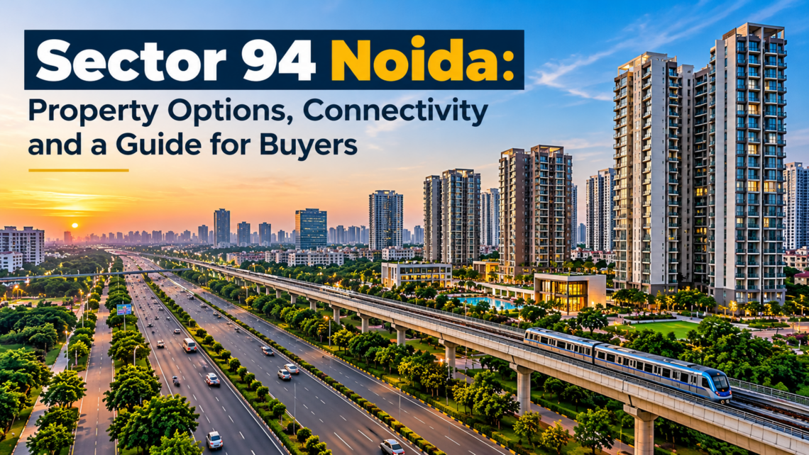 Sector 94 Noida skyline featuring residential high-rise buildings, expressway connectivity, an elevated metro line and nearby real estate developments.