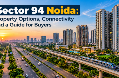 Sector 94 Noida skyline featuring residential high-rise buildings, expressway connectivity, an elevated metro line and nearby real estate developments.