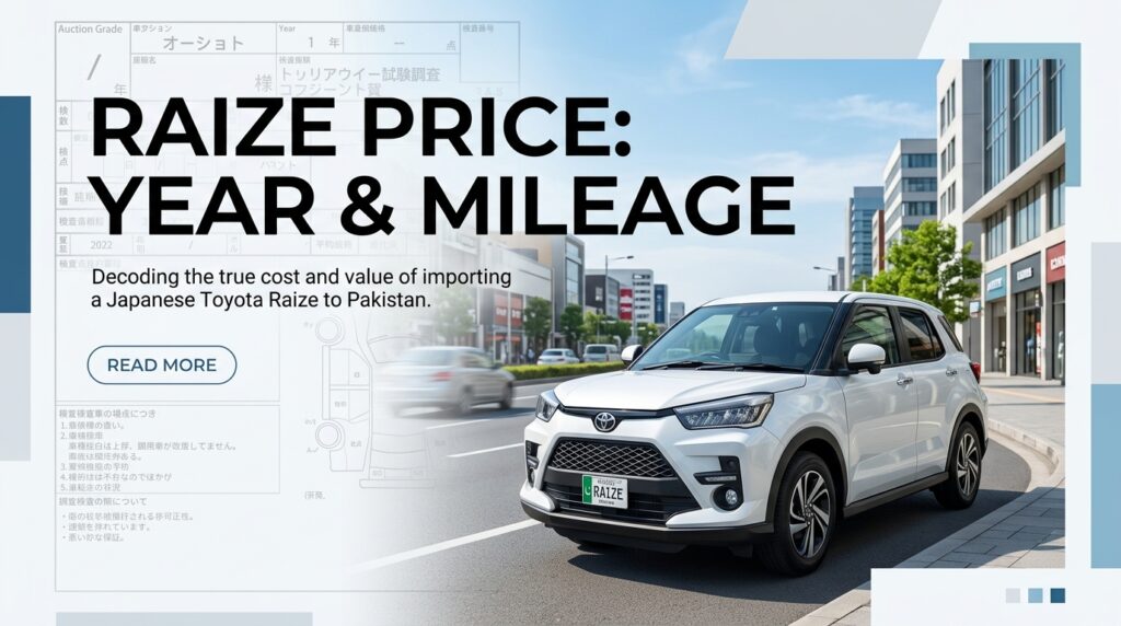 White Toyota Raize parked on a modern Pakistani city street with a subtle Japanese auction sheet overlay and the text 'Raize Price Year & Mileage