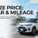White Toyota Raize parked on a modern Pakistani city street with a subtle Japanese auction sheet overlay and the text 'Raize Price Year & Mileage