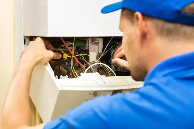 Engineer in a blue cap and blue shirt using a screwdriver on the wiring inside an open wall mounted boiler
